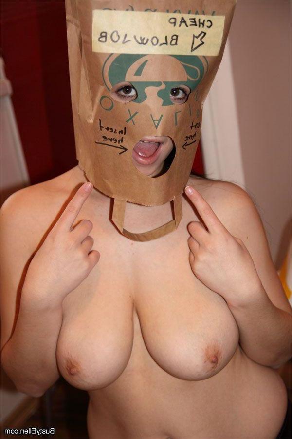 15P Pictures of teen nympho Busty Ellen sucking cock through a paper bag
