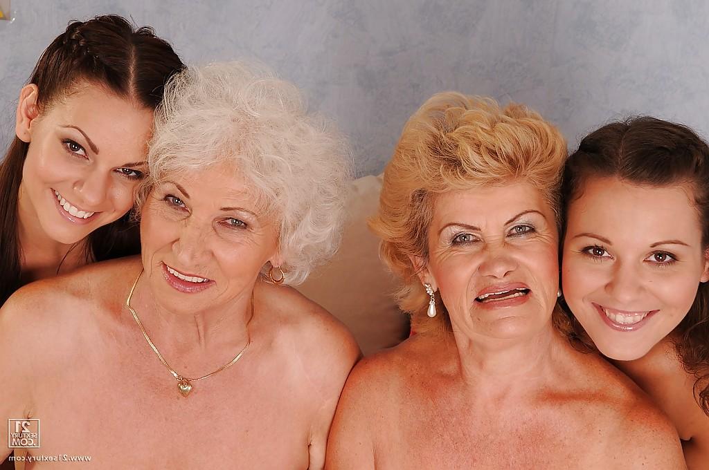 16P Dirty-minded teenage lesbians perform foursome posing scene with lewd grannies