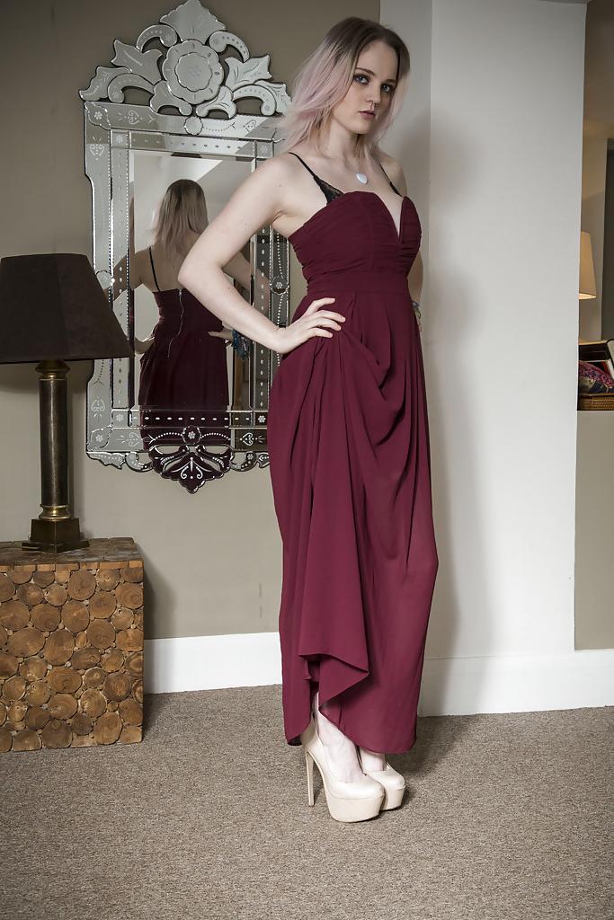 16P Blonde Euro babe Carly Rae removing dress to pose in black lingerie