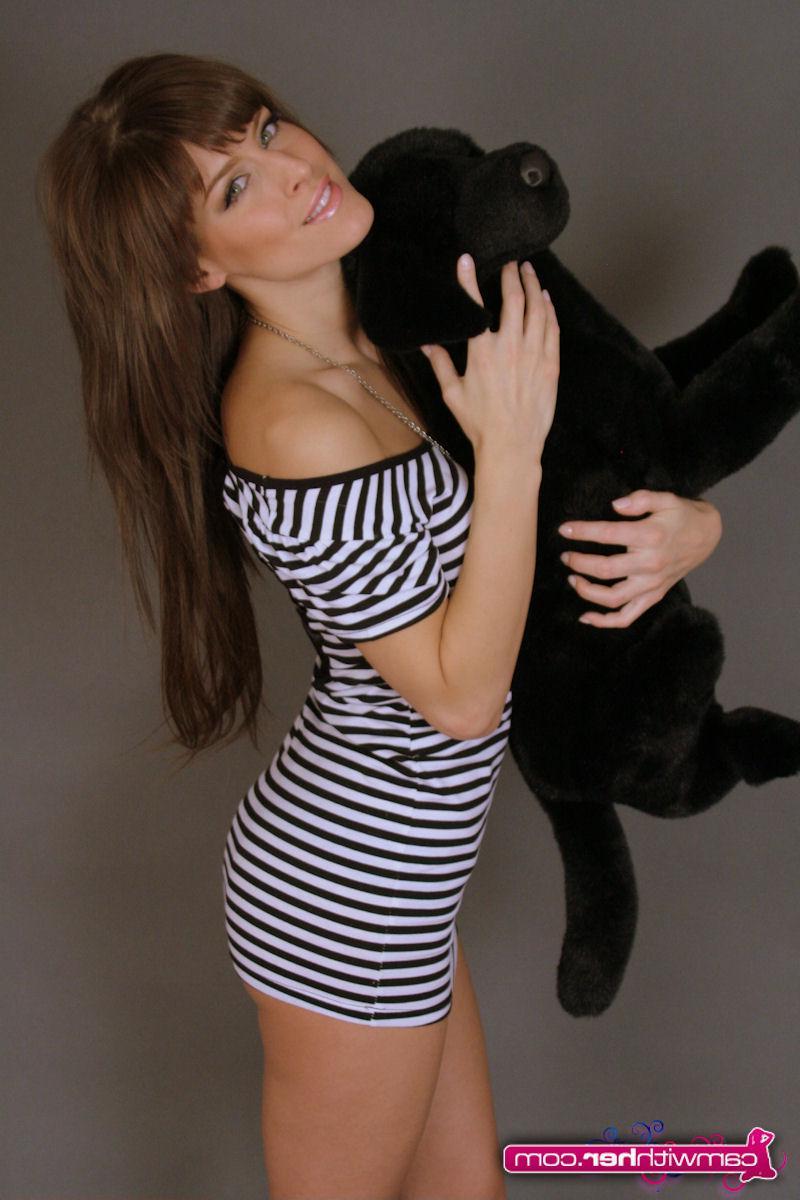 12P Femme teases in a sexy tight dress with a stuffed puppy dog