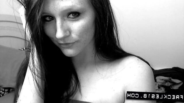 12P Brunette cutie Freckles 18 teases in a mesh dress in black and white