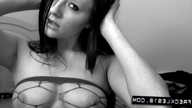 12P Brunette cutie Freckles 18 teases in a mesh dress in black and white