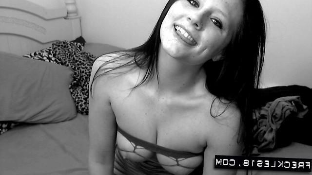 12P Brunette cutie Freckles 18 teases in a mesh dress in black and white