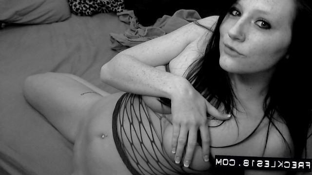 12P Brunette cutie Freckles 18 teases in a mesh dress in black and white