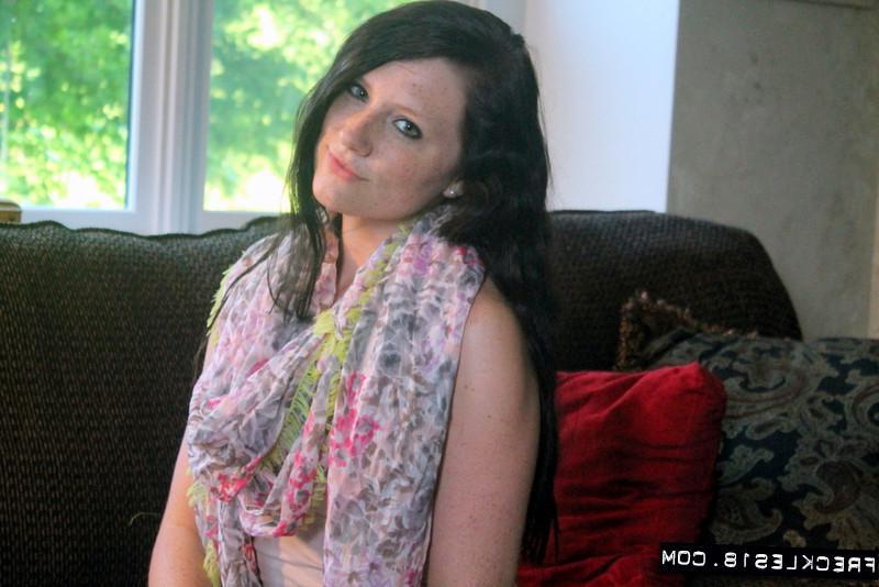 12P Brunette girl Freckles 18 teases in a scarf and pink panties