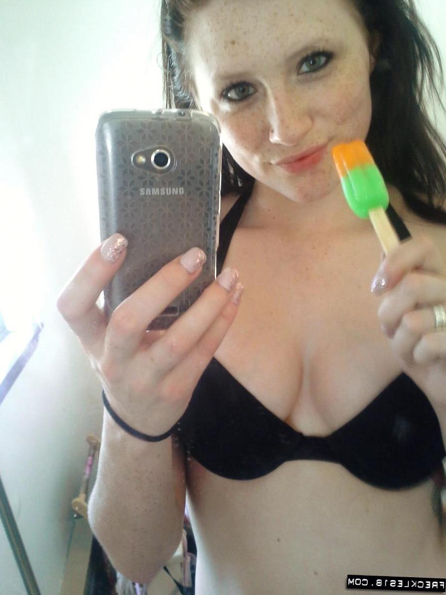 12P Freckles 18 takes sexy pics of herself with a messy popsicle