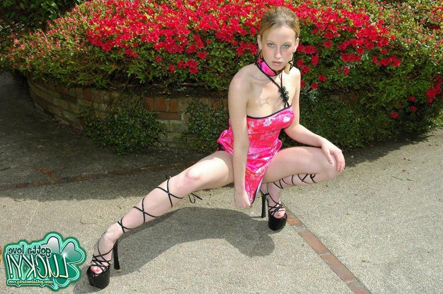 12P Lucky gives a hot striptease in her shiny pink dress and black heels outside