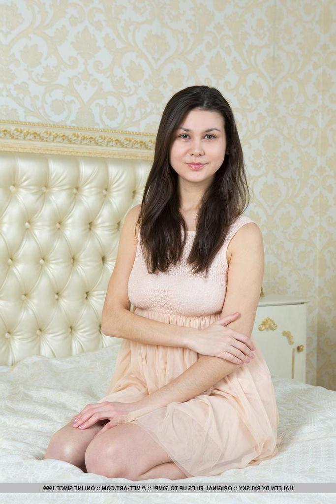 18P Pretty girl Haleen strips out of her pink dress in bed