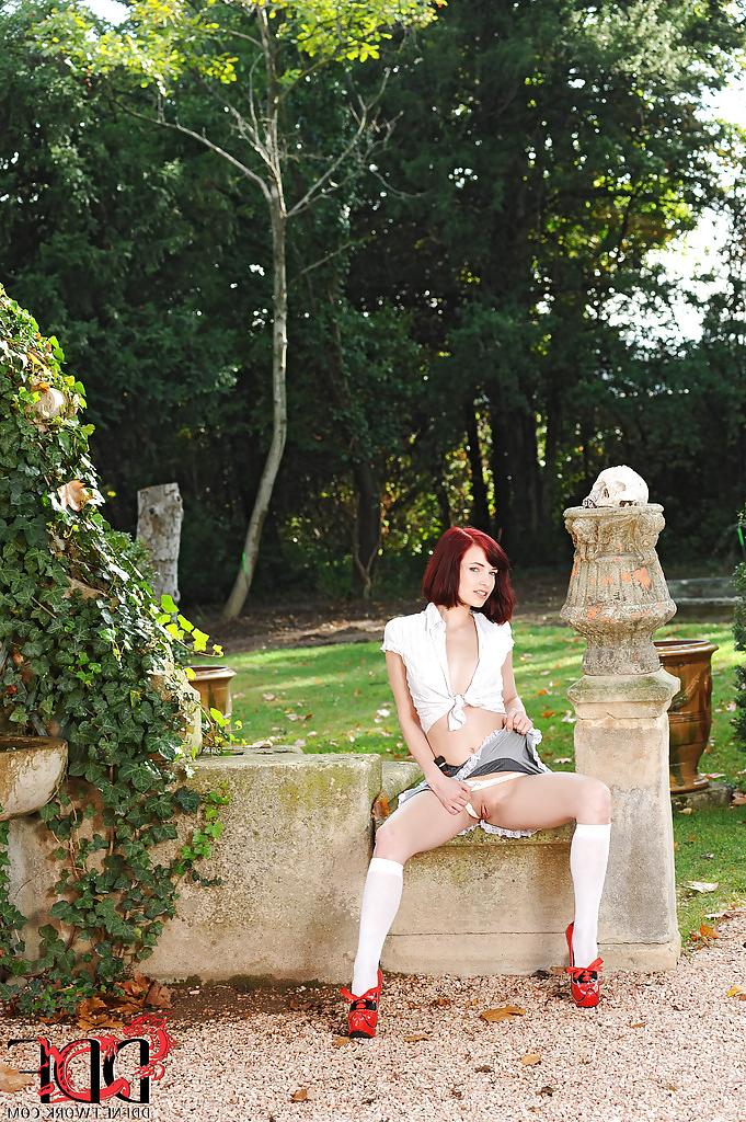 16P Slim redhead cutie Leila Smith masturbating her slit outdoor
