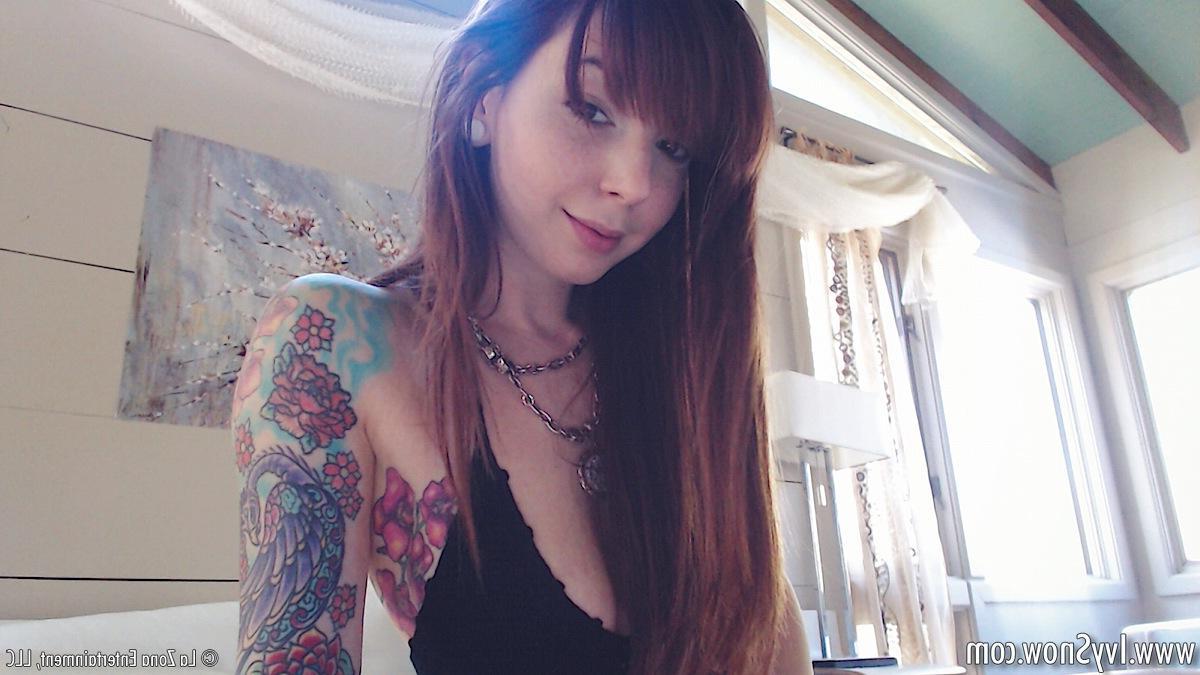 15P Ivy Snow peels off her denim button up to reveal a sexy mesh suit that she takes off as she masturbate