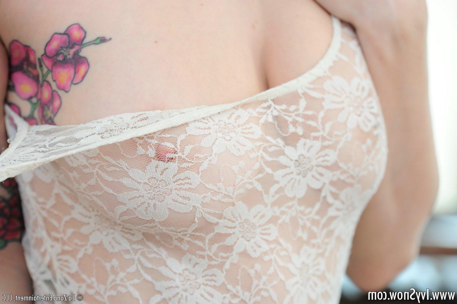 15P Ivy Snow wears a tight lace body suit and masturbates with her white toy that was sent from a fan