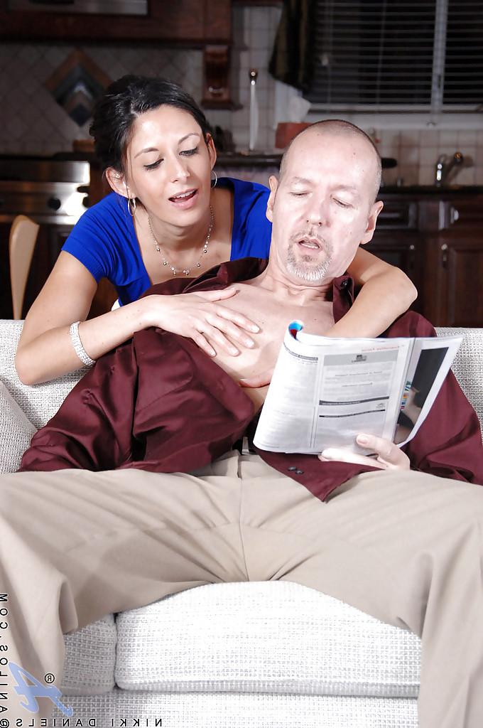 15P Nikki Daniels seduces her man with white pantyhose, rips them in the middle and jumps on his large meat pole.