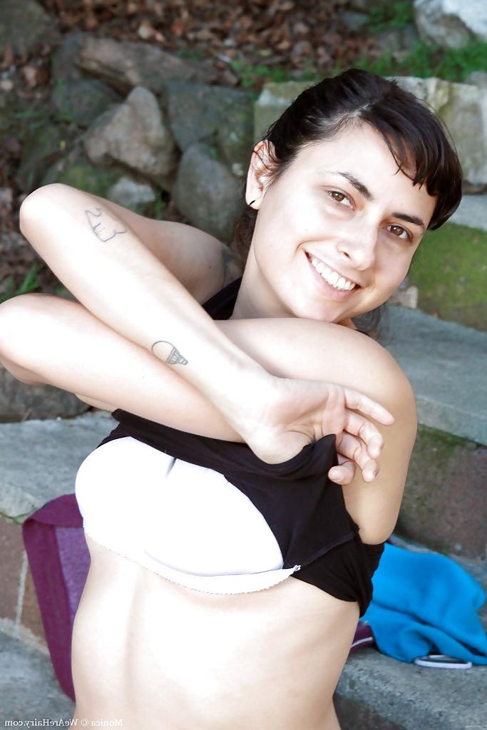 16P Sporty babe with petite tits and hot ass Monica stripping outdoor
