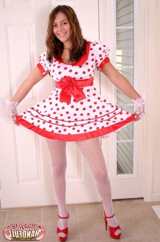15P Kara in a polkadot dress with white socks and stockings
