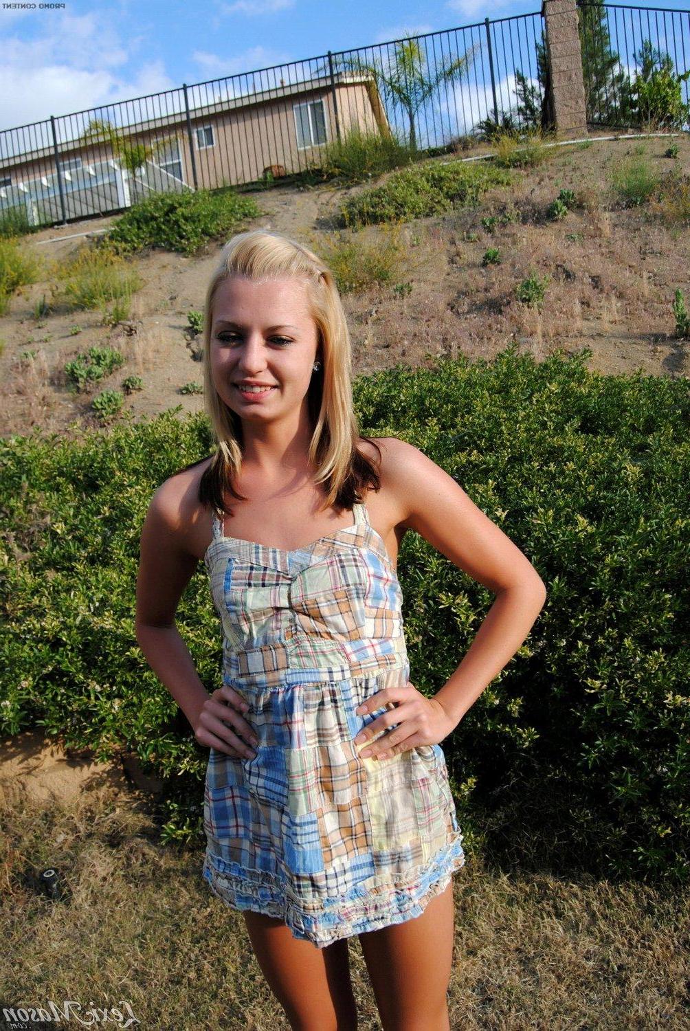 15P Pictures of teen hottie Lexi Mason stripping out of her plaid dress outside