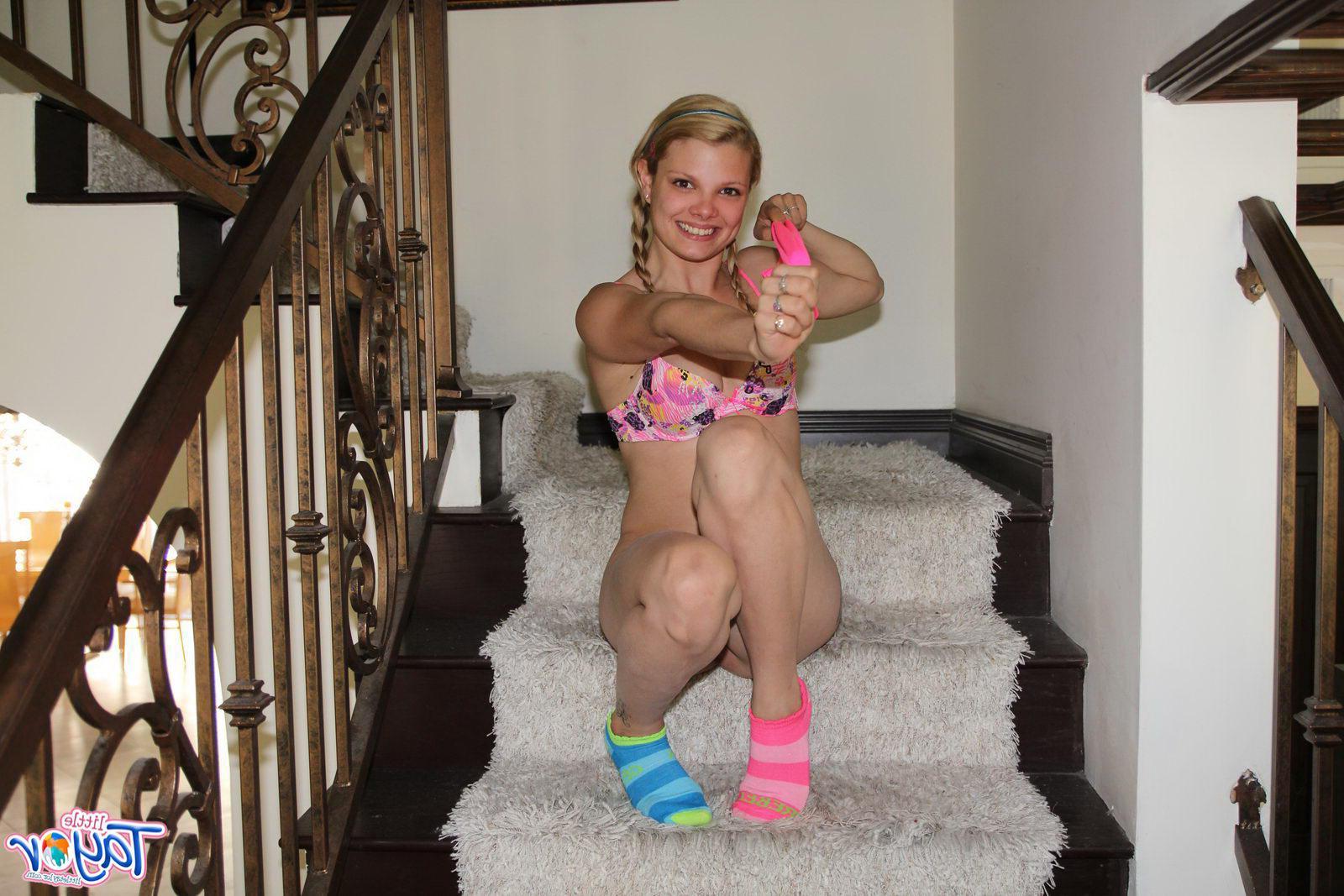 12P Pictures of blonde teen Little Taylor giving you her pussy on the stairs