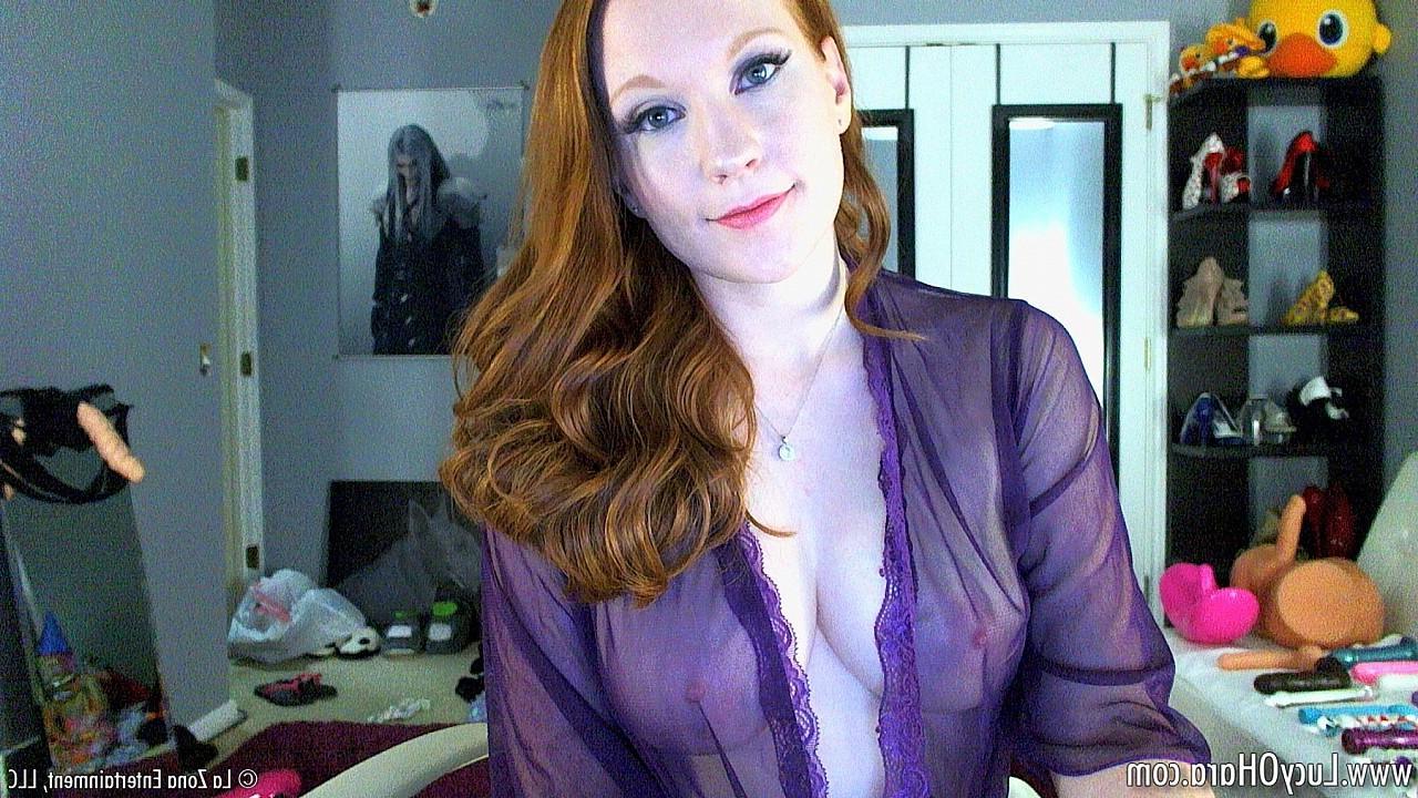15P Redhead teen Lucy Ohara pulls out her dildo and teases in purple lingerie
