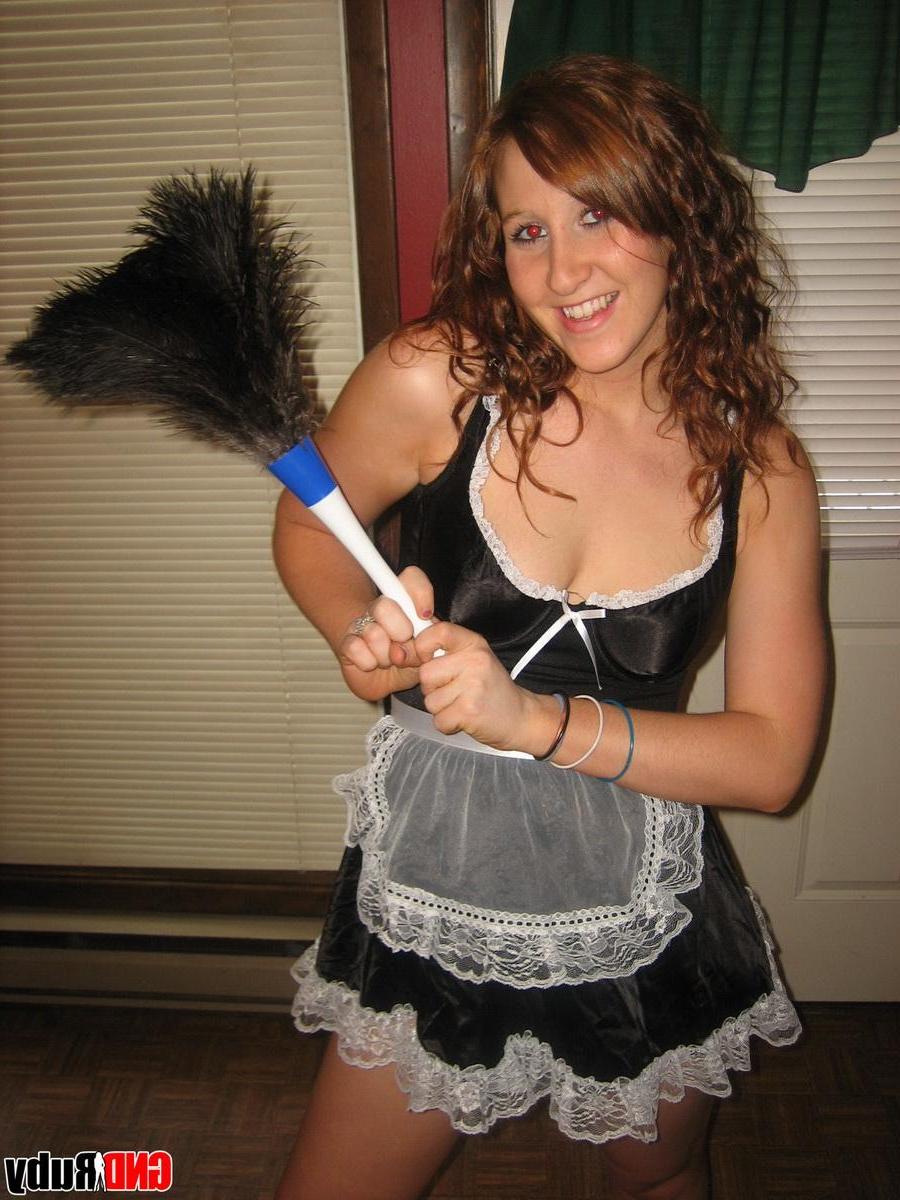 12P Happy Halloween from teen Ruby as she strips out of her slutty french maid costume