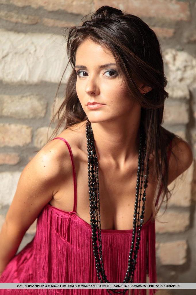 18P Brunette teen Sunshine takes off her red dress to reveal her stunning body