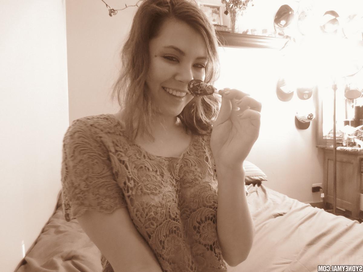 15P Beautiful asian girl Sydney Mai teaess with a lollipop