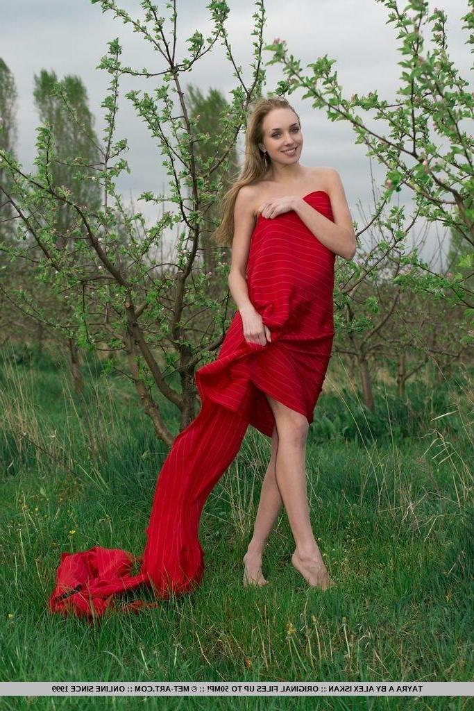 18P Tayra A playfully posing with a bright red fabric wrapped around her delicate, naked body