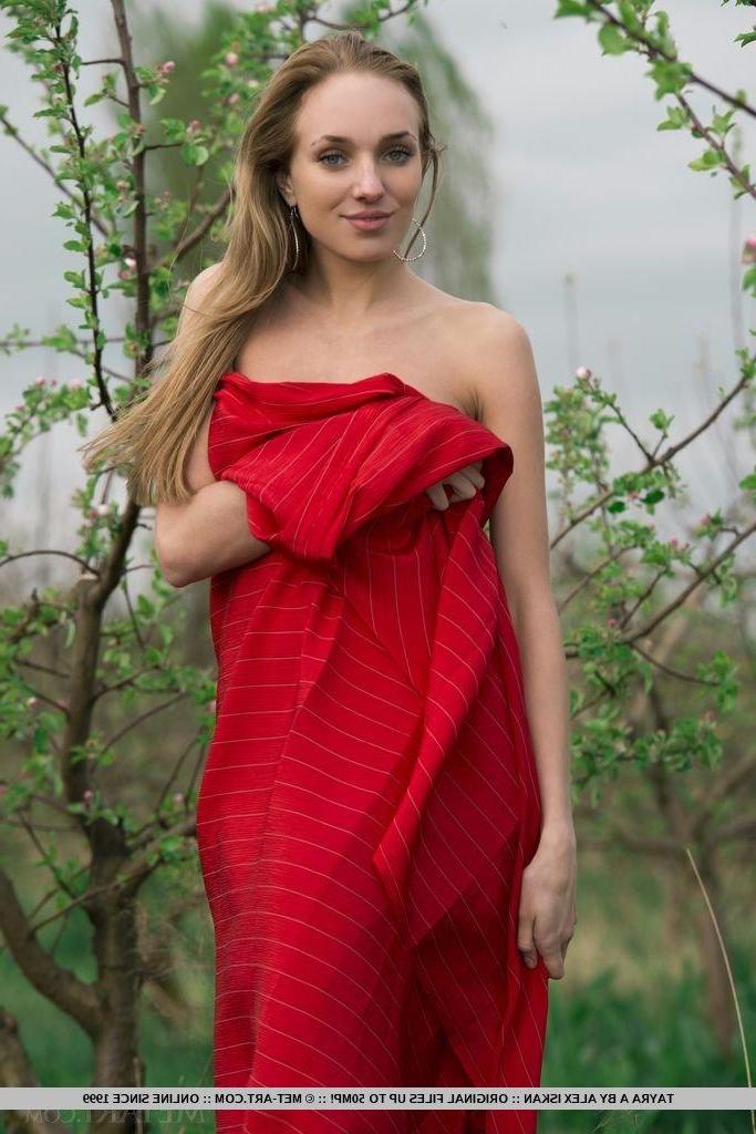 18P Tayra A playfully posing with a bright red fabric wrapped around her delicate, naked body