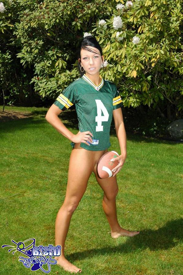 12P Trista plays ball in this sexy packers jersey