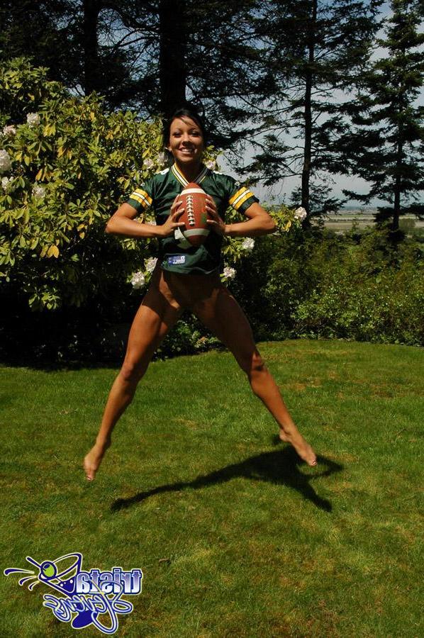 12P Trista plays ball in this sexy packers jersey