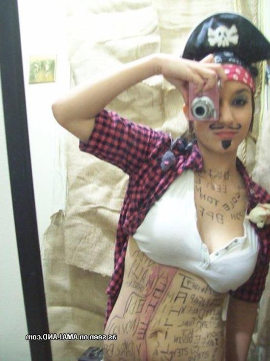 16P Cute brunette girlfriend self-shooting in pirate costume