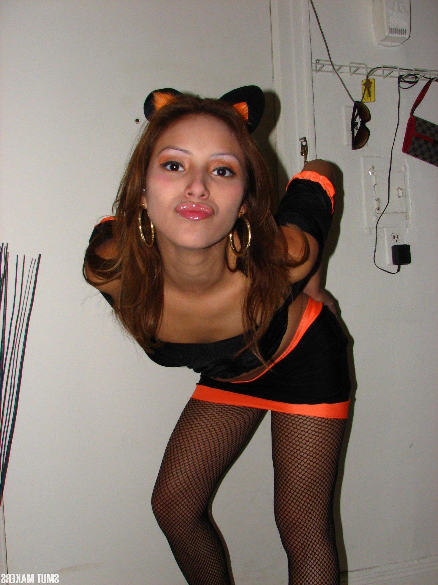 15P Sexy latina teen dress up in a naughty kitty costume just for you