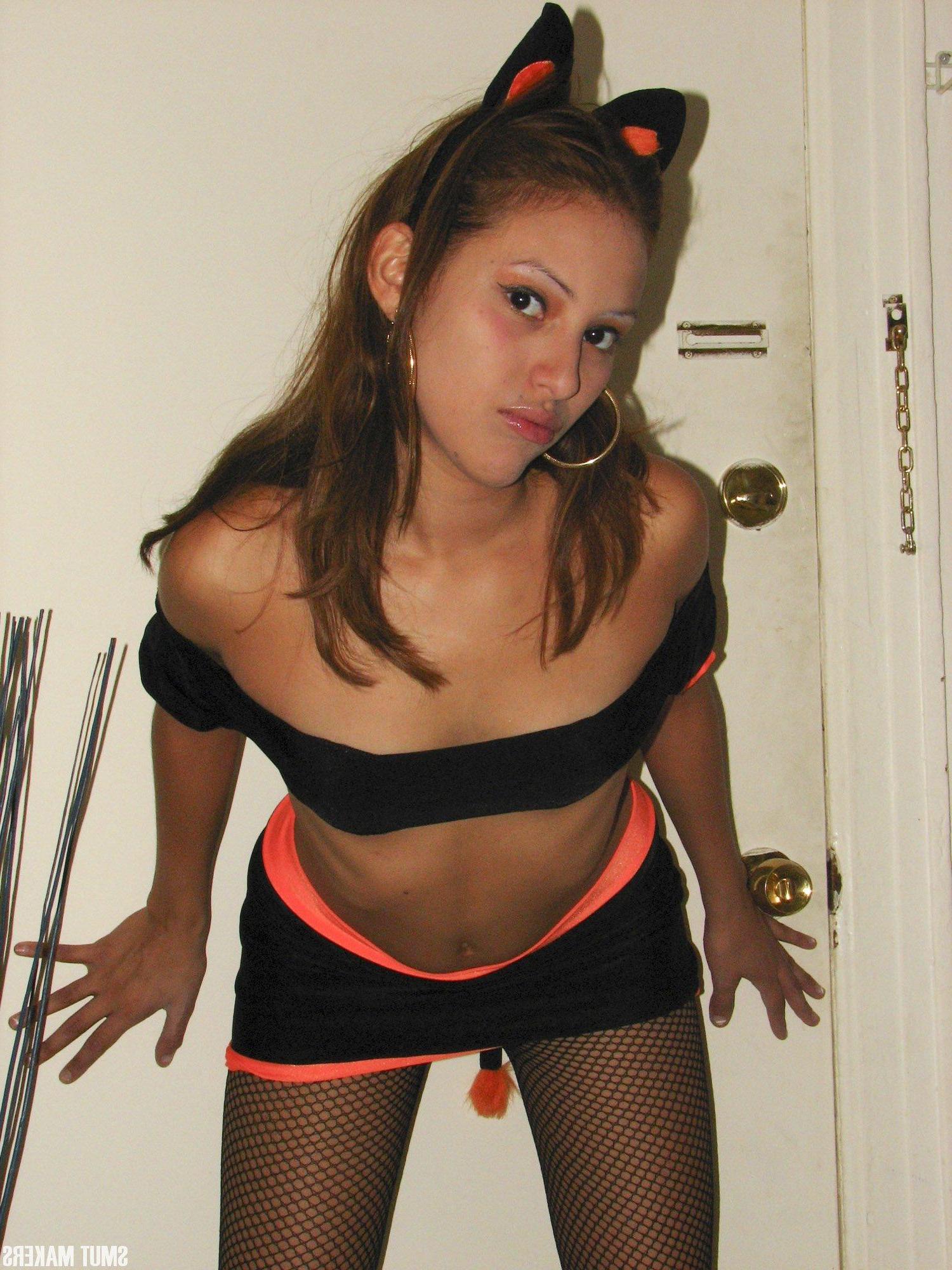 15P Sexy latina teen dress up in a naughty kitty costume just for you