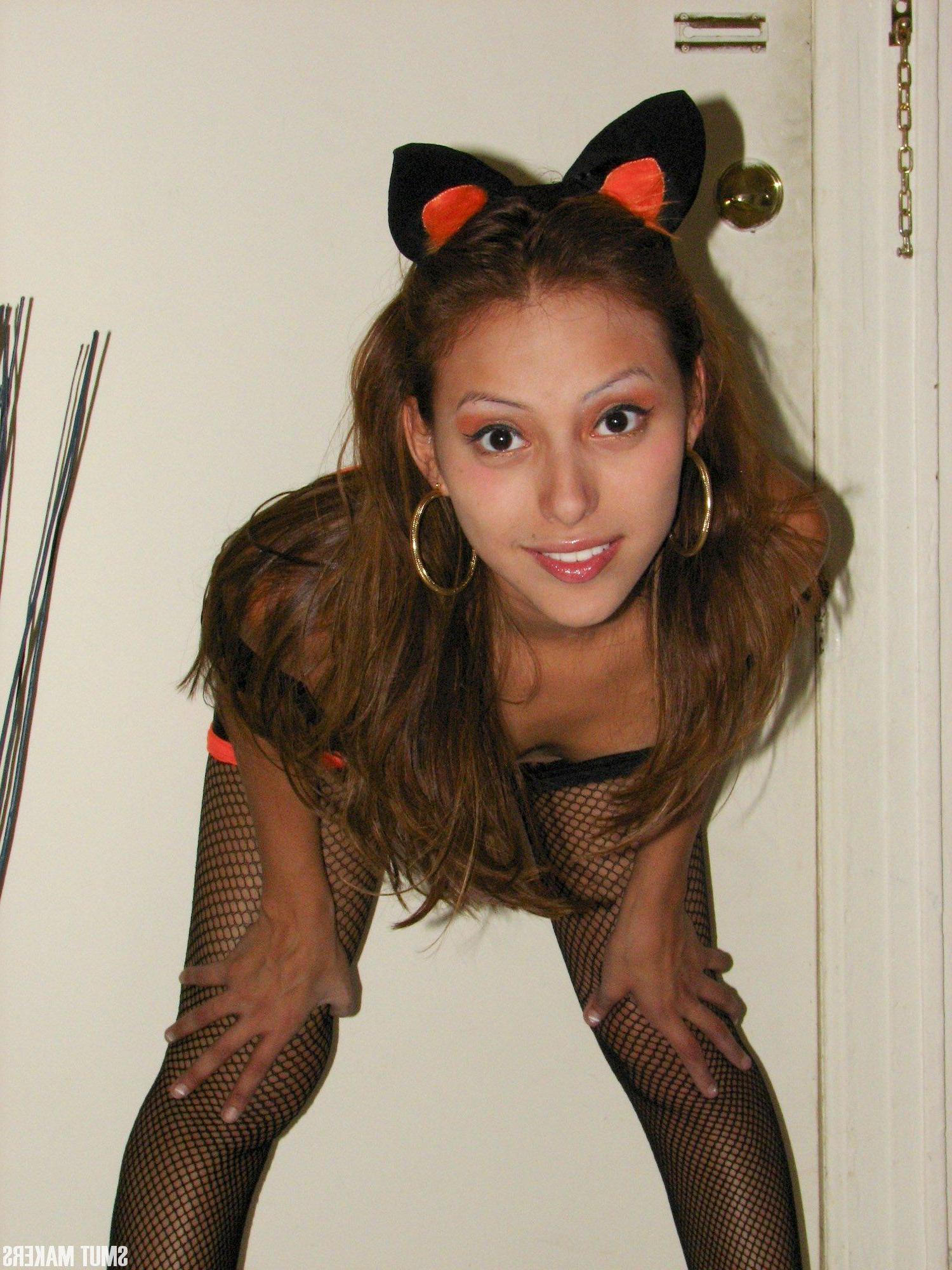 15P Sexy latina teen dress up in a naughty kitty costume just for you