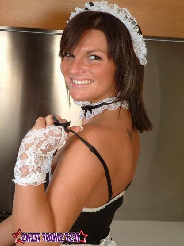 16P Horny brunette Cleo takes off her maids uniform and shows her tight body