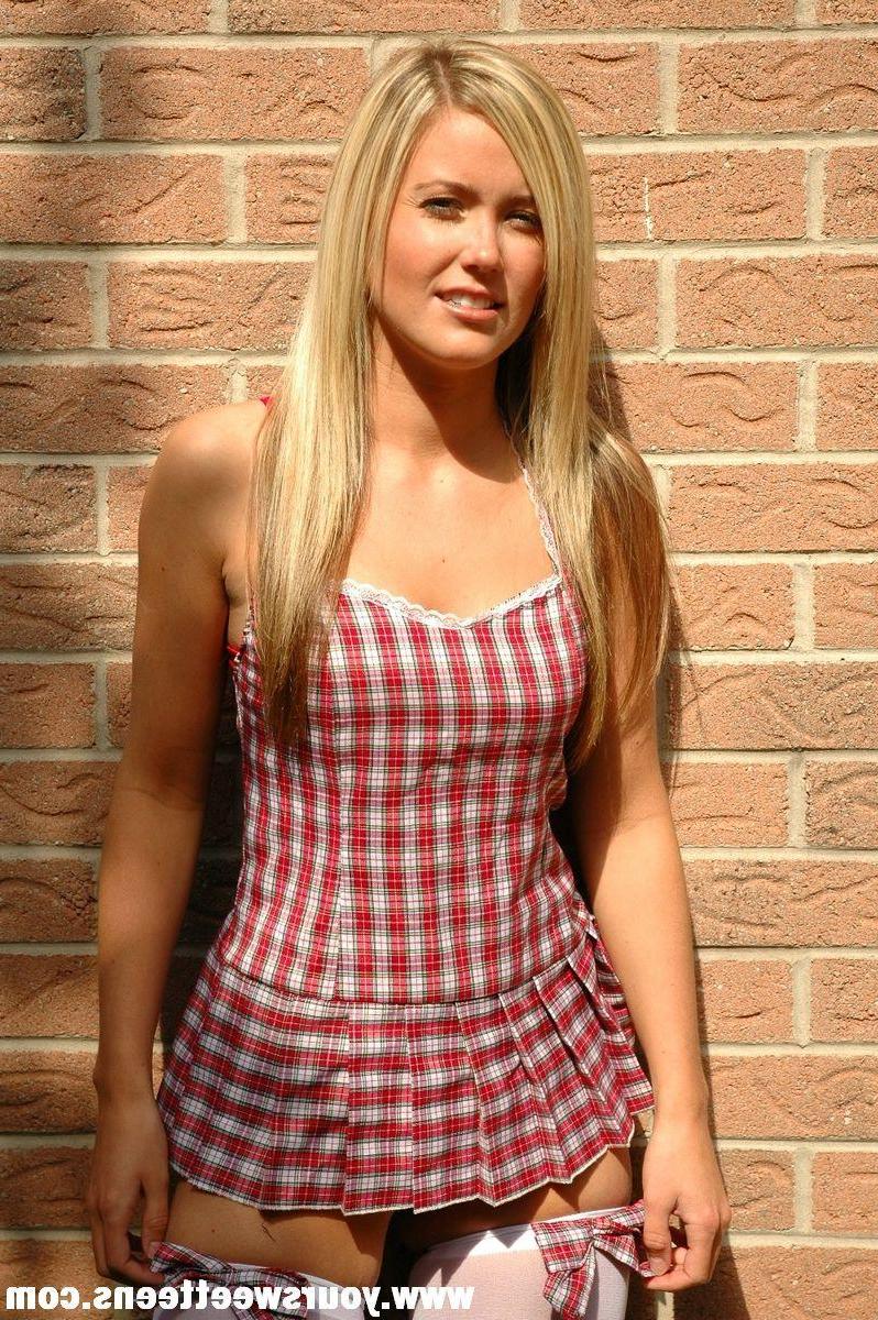 15P Pictures of a blonde teen in a plaid dress and white stockings