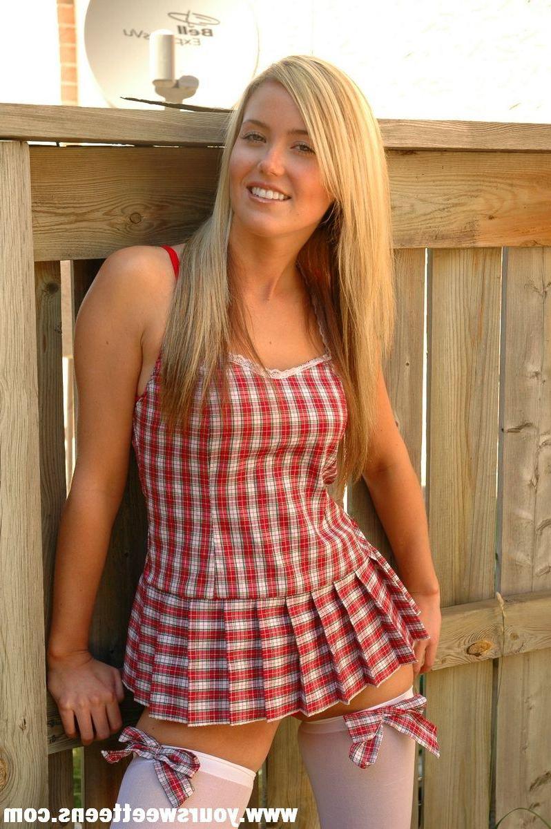 15P Pictures of a blonde teen in a plaid dress and white stockings