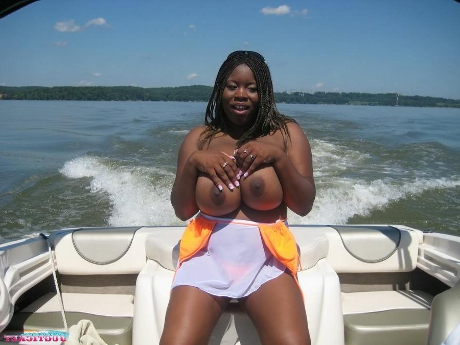 16P Busty fat ebony Mianna Thomas modelling on boat outside