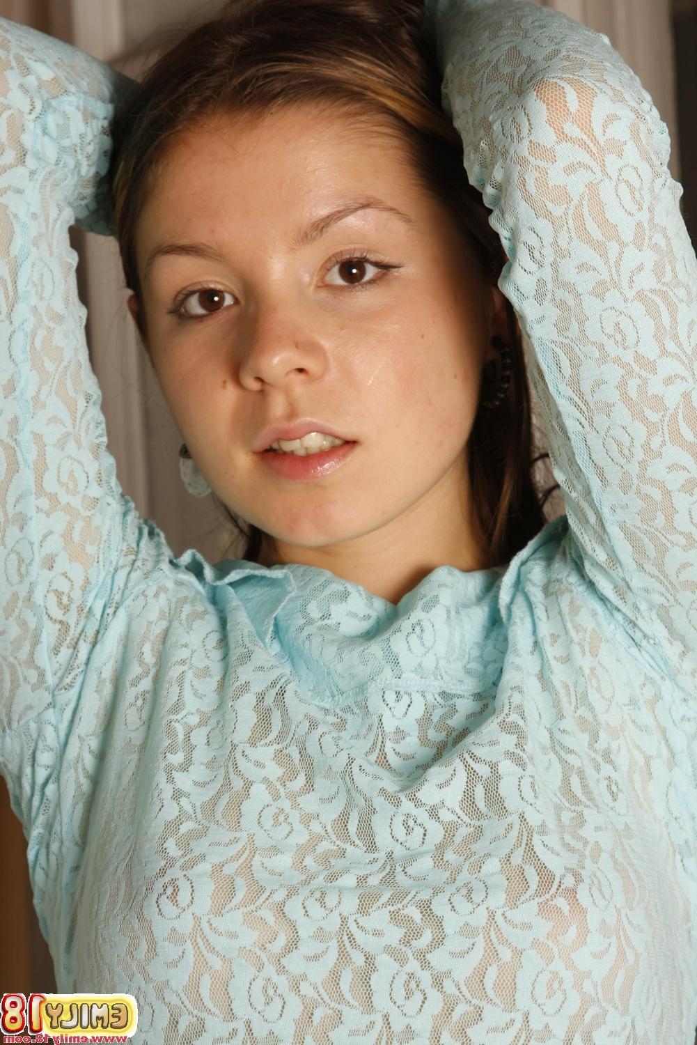 15P Watch the lovely Emily in a baby blue see-through laced top