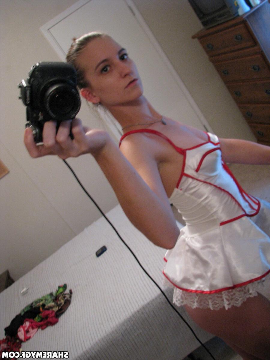 5P Skinny girlfriend strips out of her nurse costume