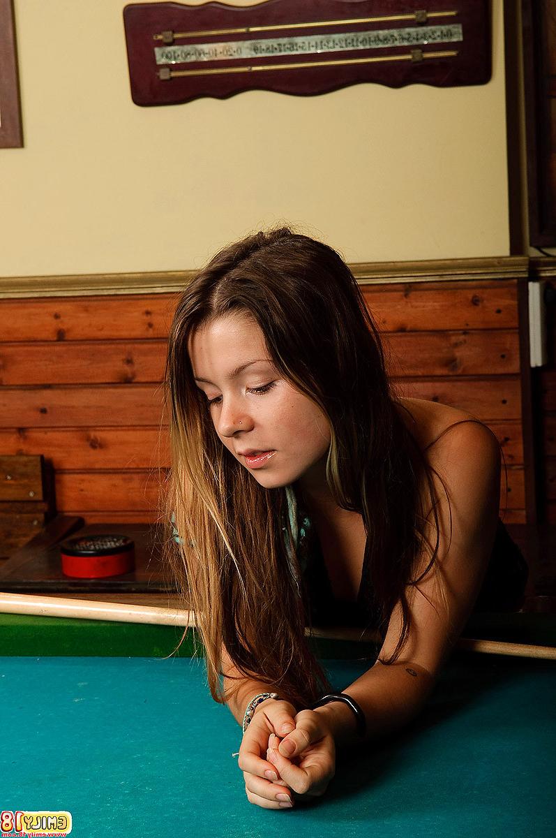 15P She plays pool in her sexy black lace top and her short skirt and Emily 18 has c
