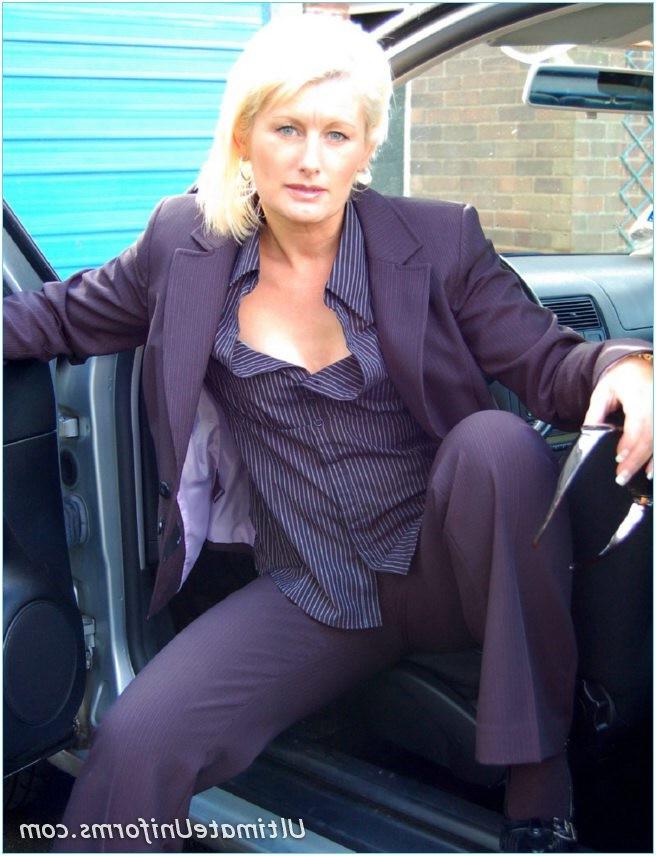 15P Businiss blonde in womans suit showing pantyhose toying