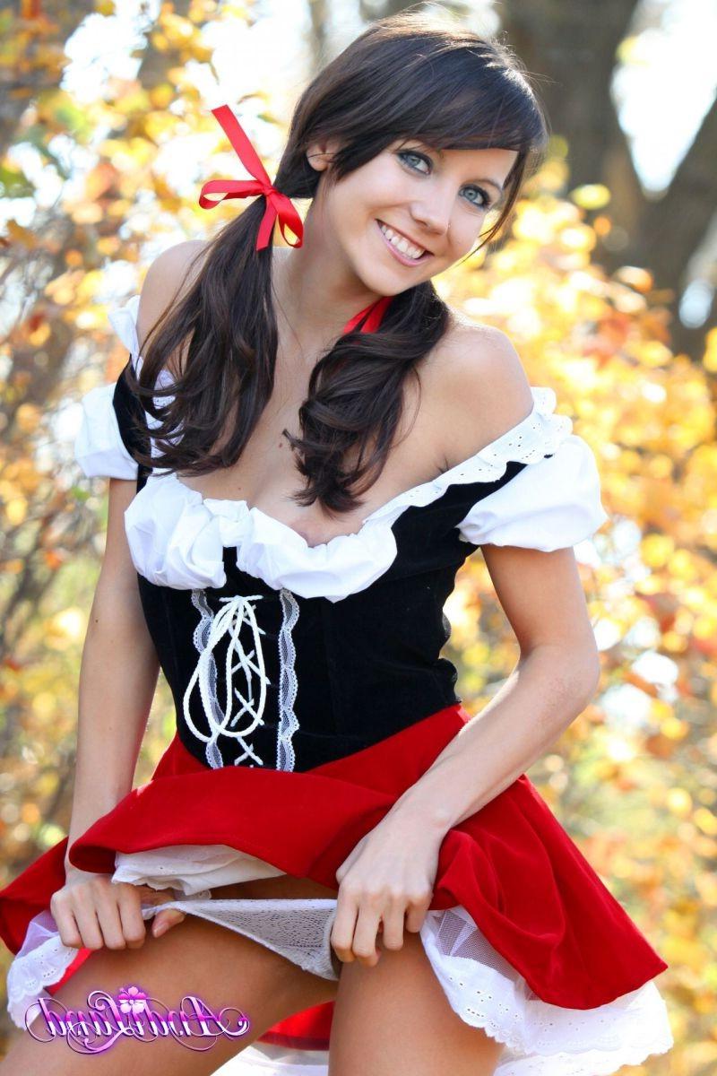 16P Teen dressed like red riding hood showing her white panties and perky tits