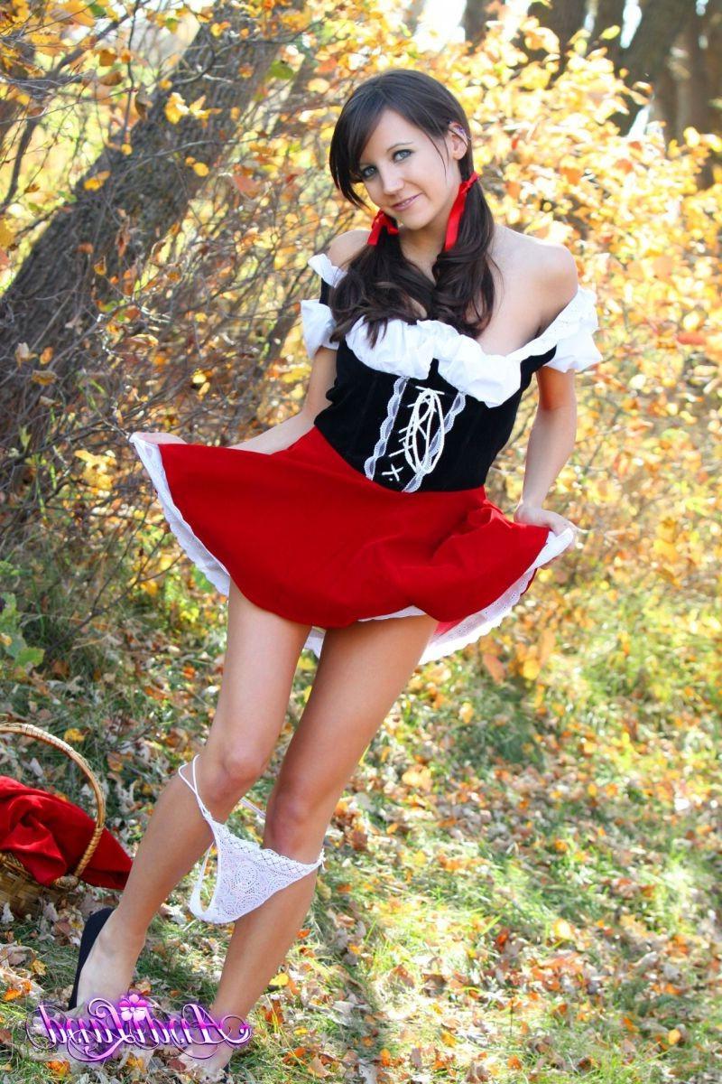 16P Teen dressed like red riding hood showing her white panties and perky tits