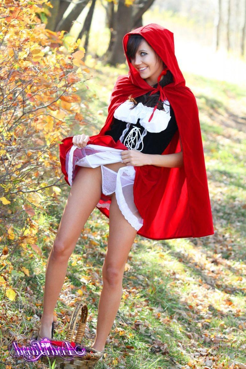 16P Teen dressed like red riding hood showing her white panties and perky tits