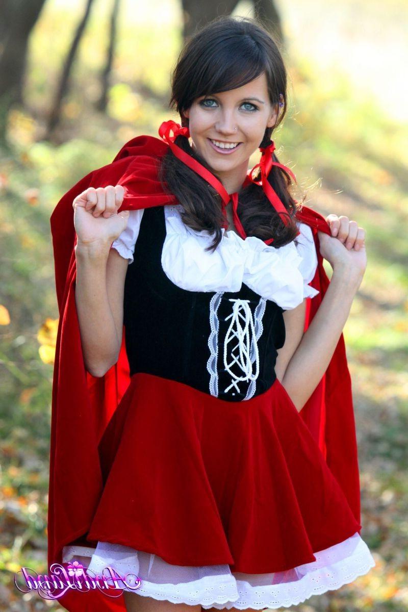 16P Teen dressed like red riding hood showing her white panties and perky tits