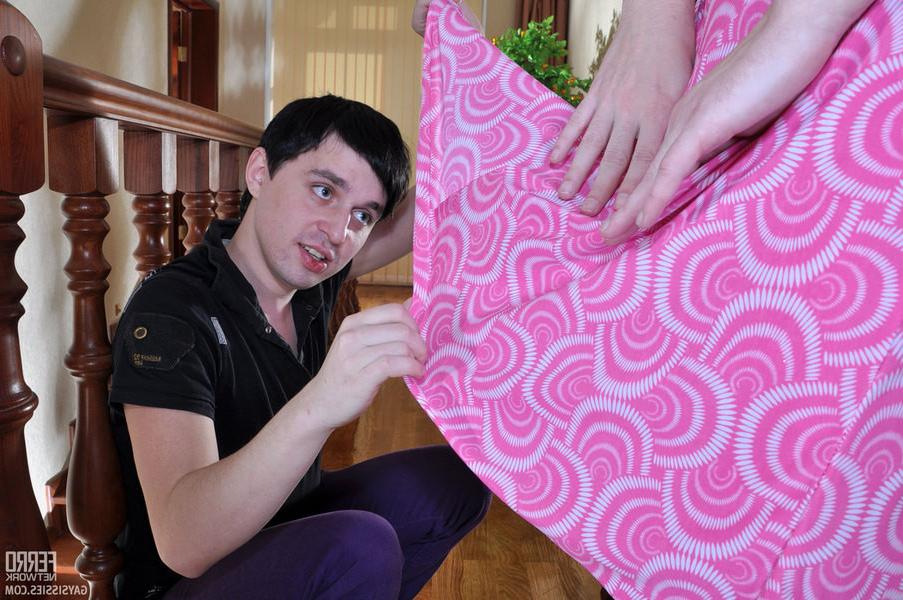 20P Kinky sissy in a pink summer dress seems to be ready for a gay a