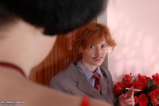 20P Lesbian gal in male suit having rubber rod in her trousers for ass-drilling