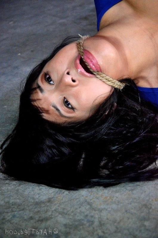 16P Mia Li asian in blue dress is rope bound with candle wax