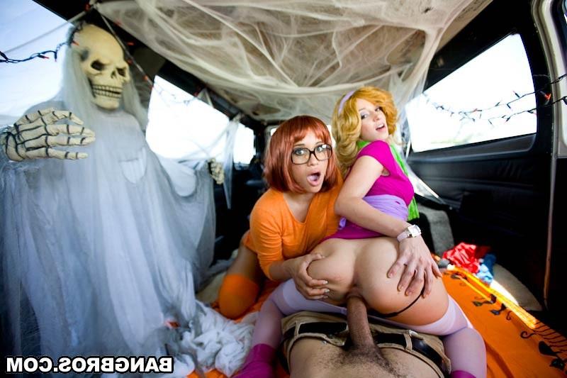 17P Slutty girls in slutty costumes fucking hard sex in foursome