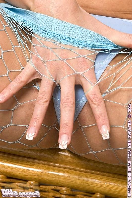 16P Sandra Shine strips fishnets for blue dildo