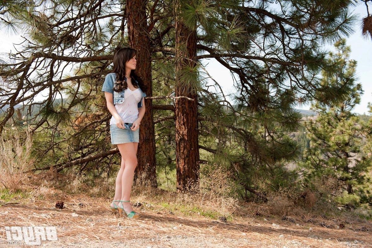 12P Big boobie girl flashing outside in forest